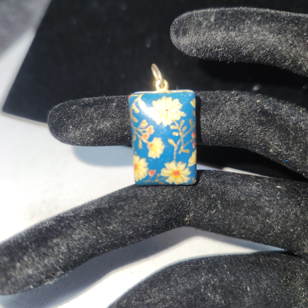 Vintage Blue Floral Rectangular Pendant Gold Tone Enamel Style Charm